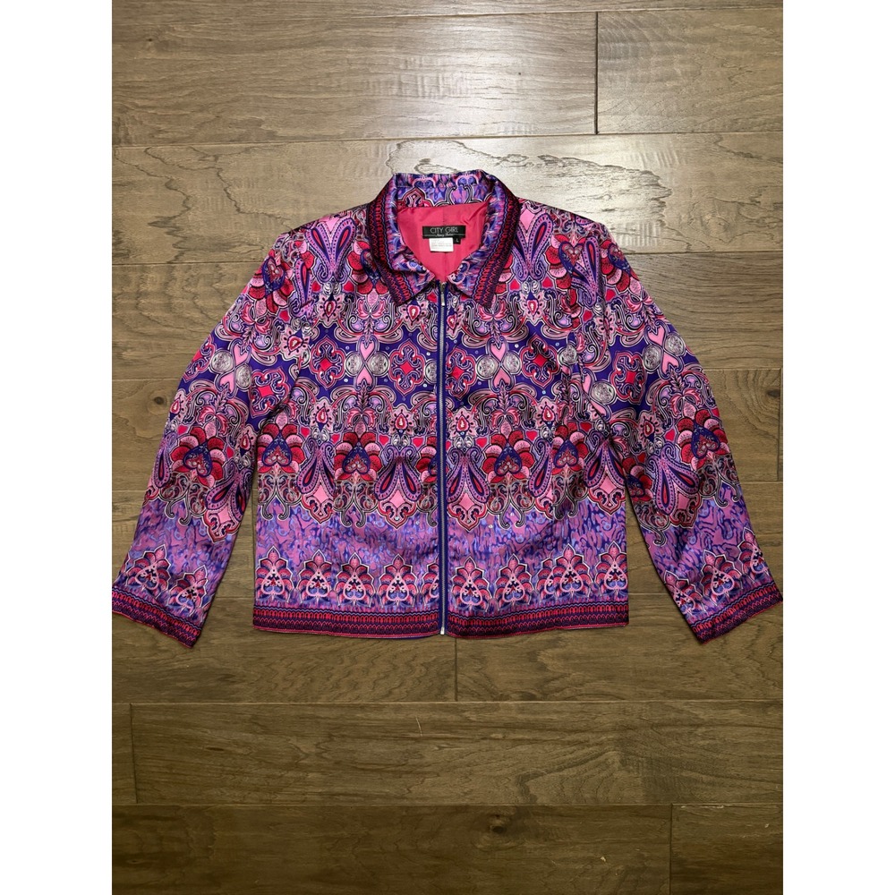 City Girl Nancy Bolen Paisley Zip Up Jacket Purple Pink Damask Satin L 8837J-83